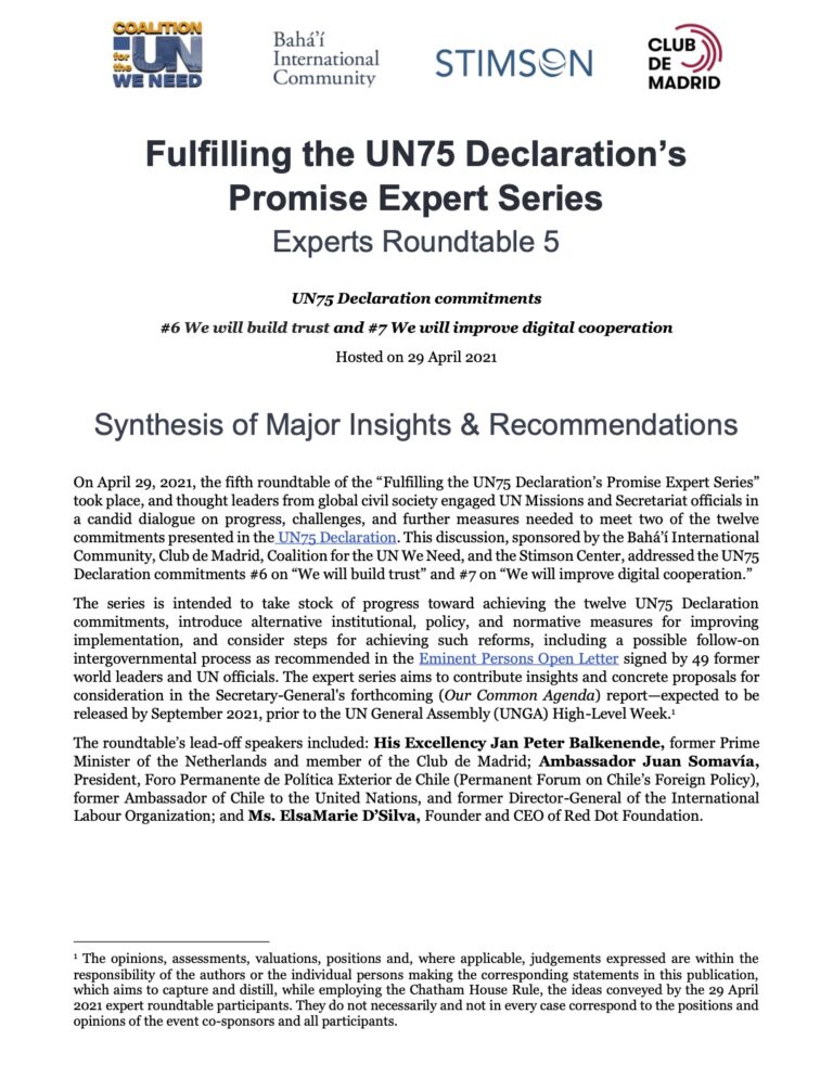 publicación Fulfilling the UN75 Declaration’s Promise Expert Series – Experts Roundtable 5