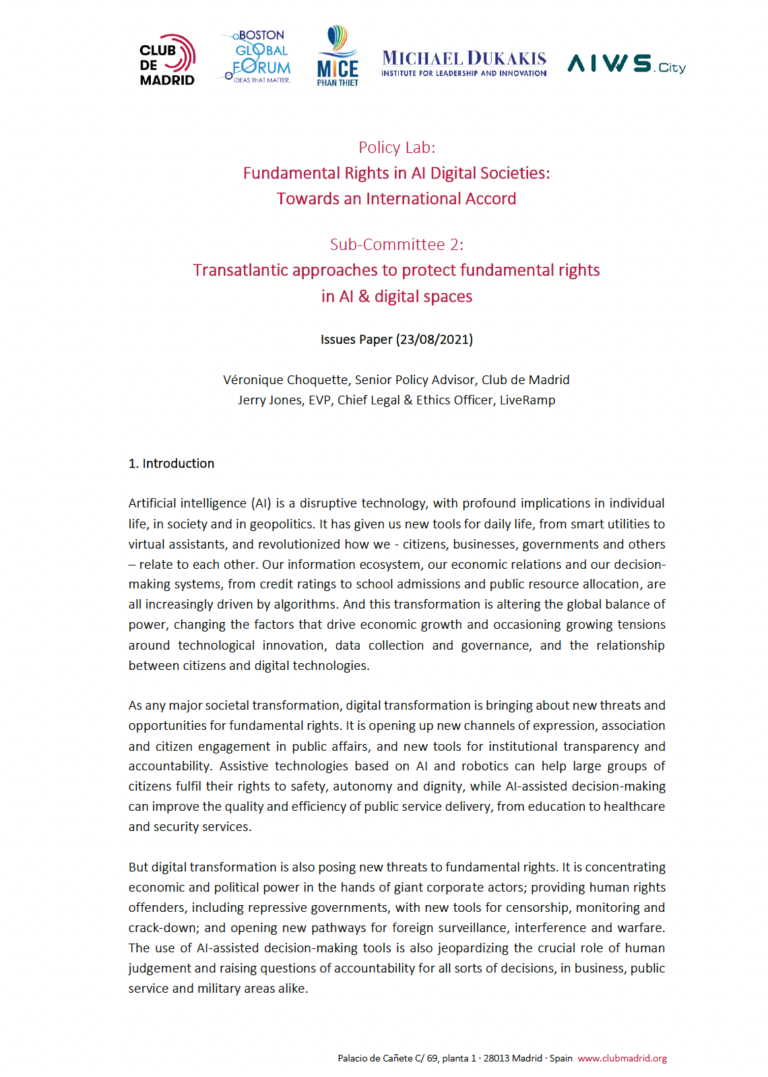 publicación Transatlantic approaches to protect fundamental rights in AI & digital spaces